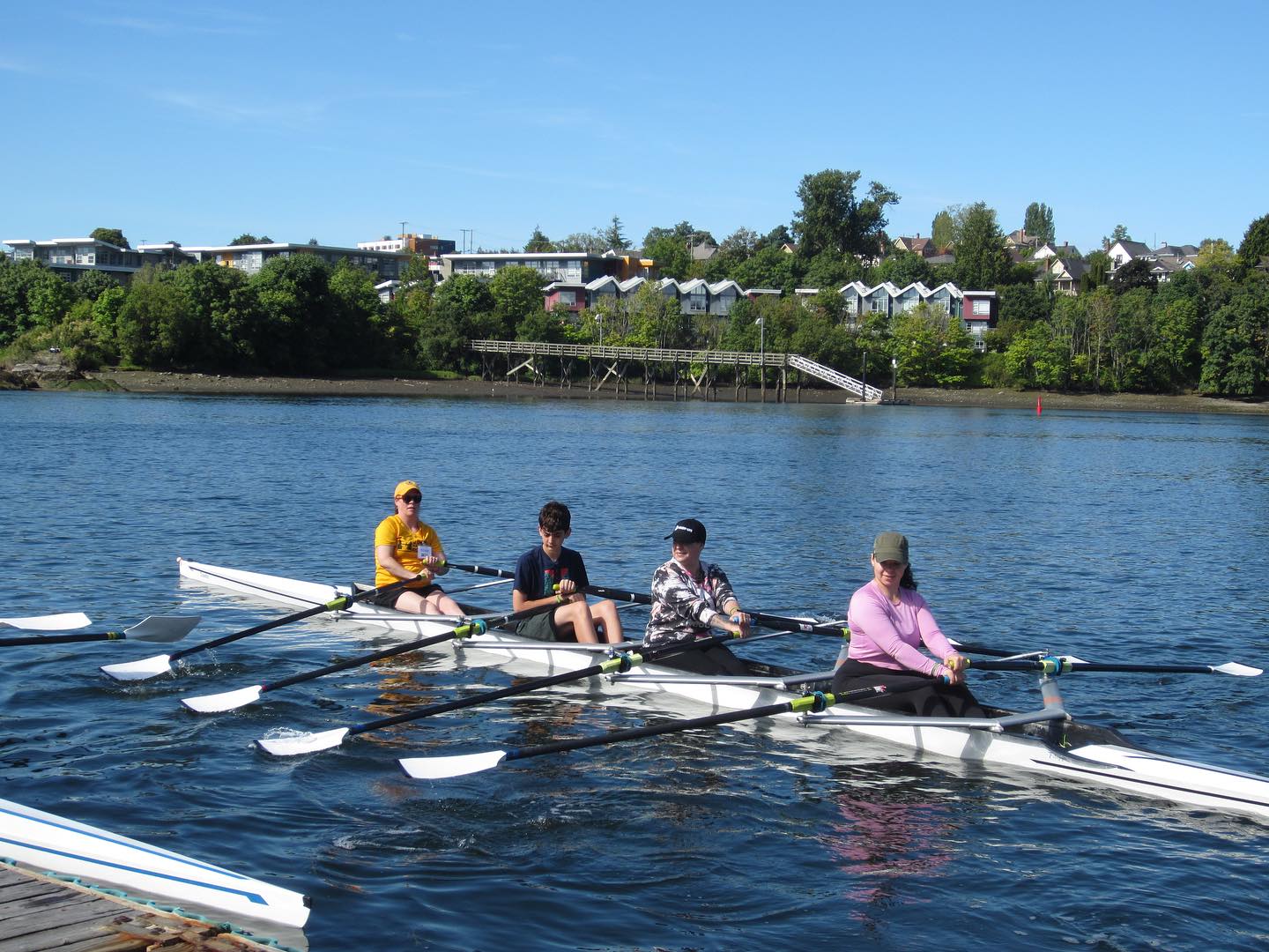 A quad that has recently launched from the dock.