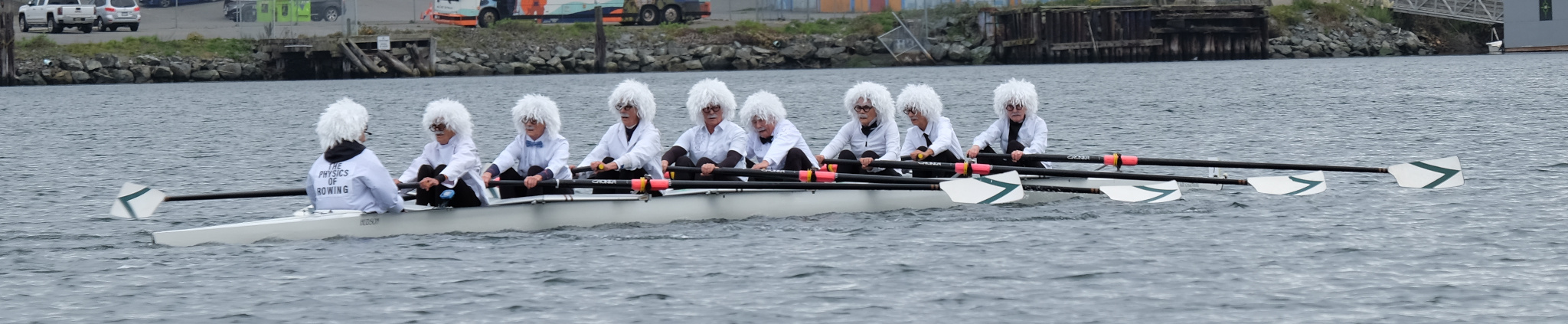 An eight person shell rowing at the HOG-TOG regatta. The crew are all wearing Albert Einstein costumes.