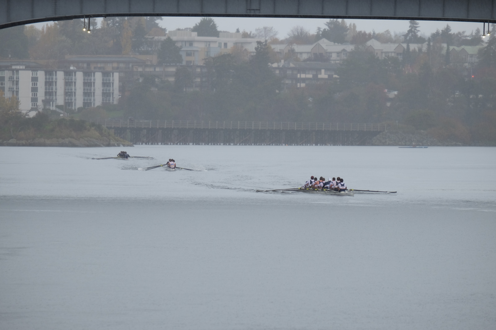 The first boats under the Point Ellice (Bay Street) Bridge.