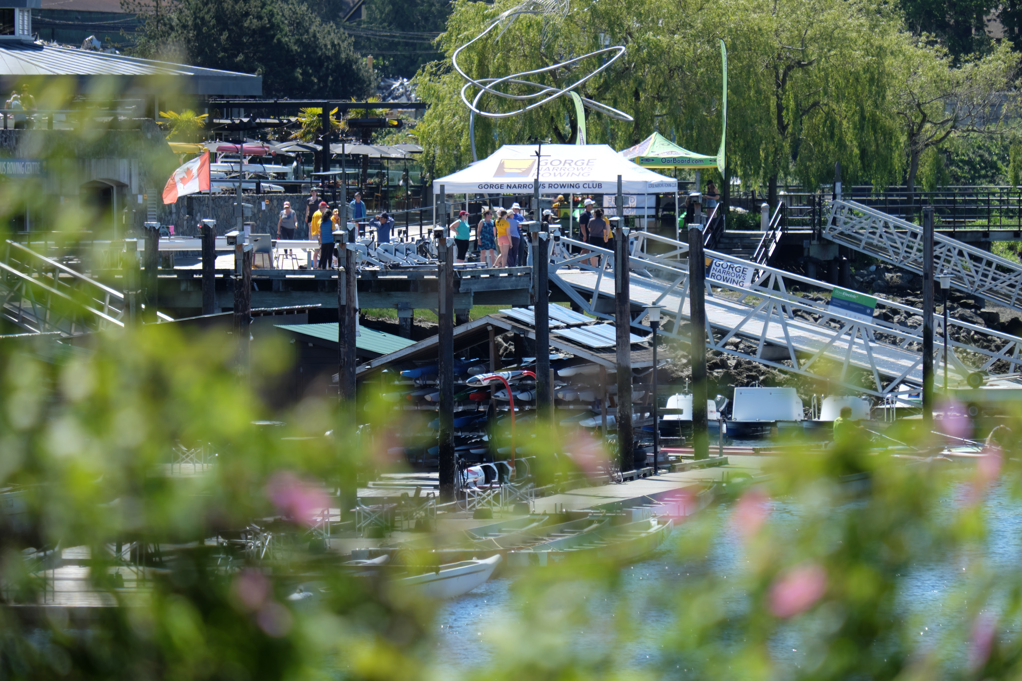 Activity on the GNRC dock viewed from the Selkirk Trestle. Some flowering bushes are in the foreground.