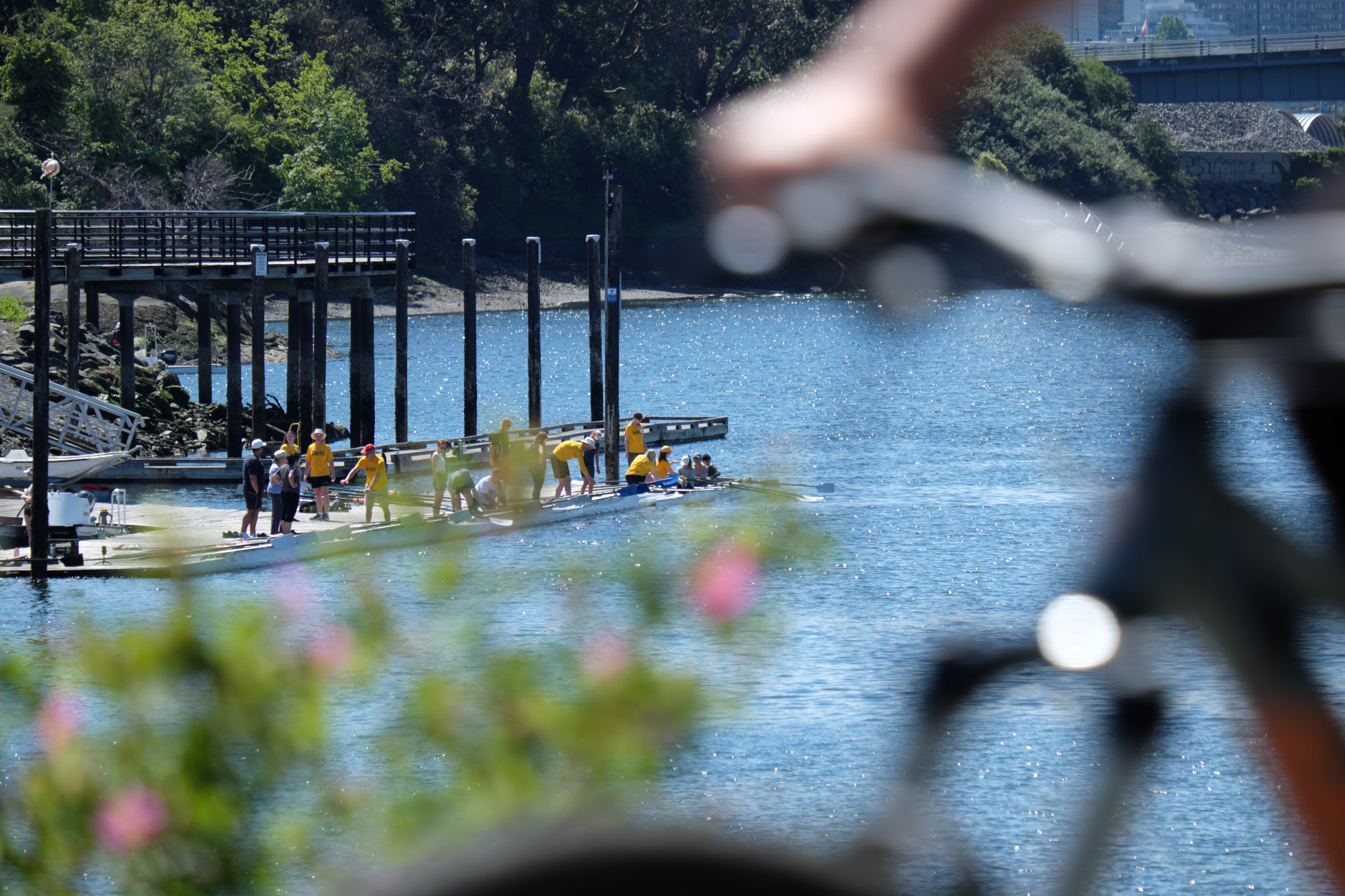 Boats getting ready to launch at the dock as seen from the Selkirk Trestle. A flowering bush is at the bottom left. On the right, a person riding a bike is just coming into the picture.