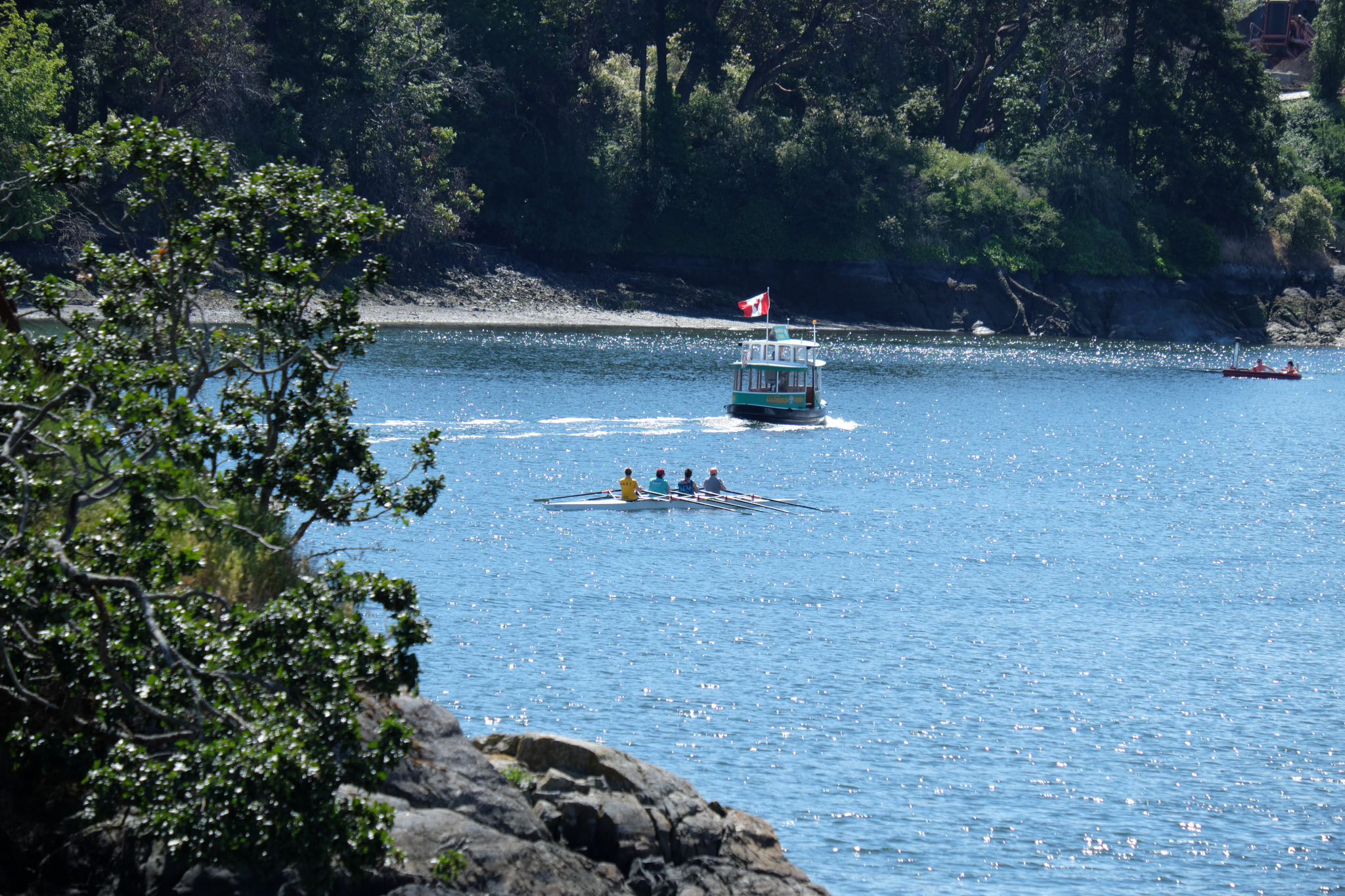 A quad and a harbour ferry viewed from the Selkirk Trestle with Halkett island in the foreground left.