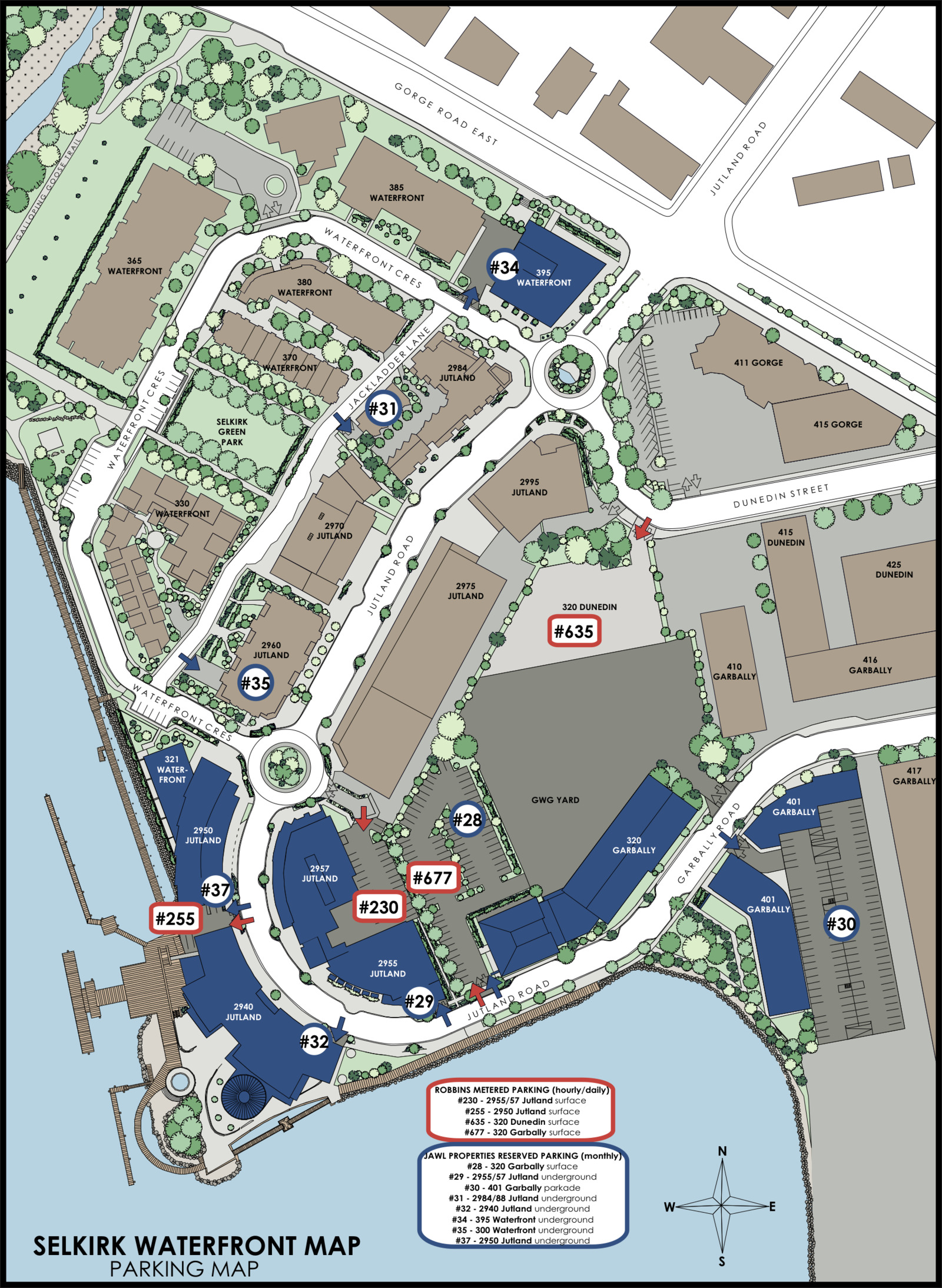 The Selkirk Waterfront Parking Map, from Jawl Properties.