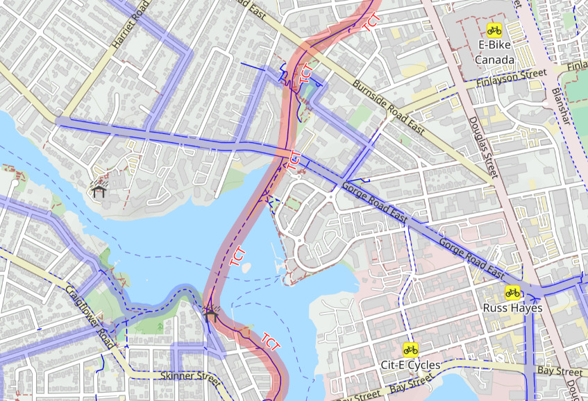A map showing the Gorge Road lanes and the Galloping Goose Regional Trail.