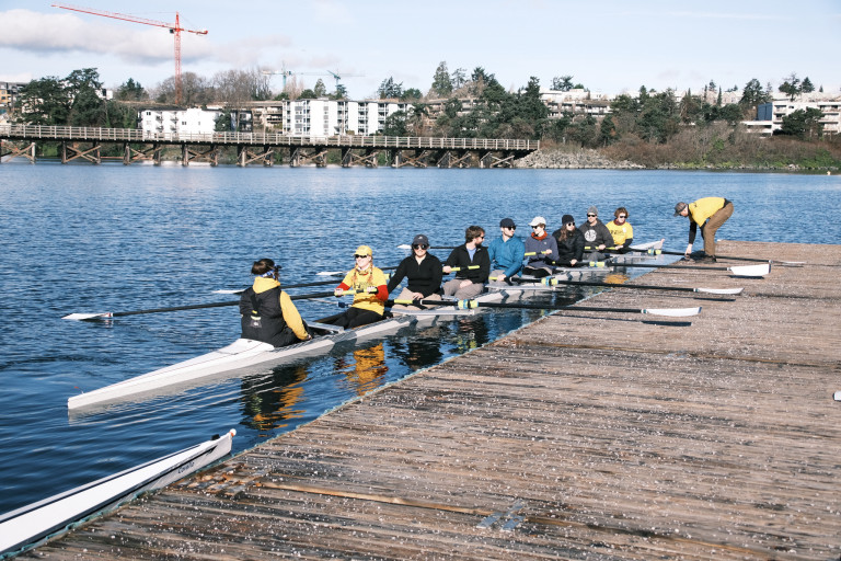 The first boat launches! This is a sweep eight.
