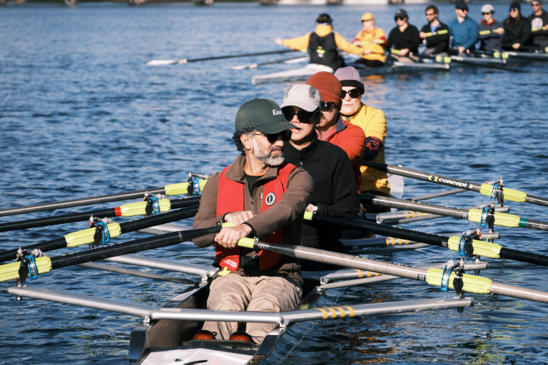 A quad has just launched from the dock. In the background is the eight.