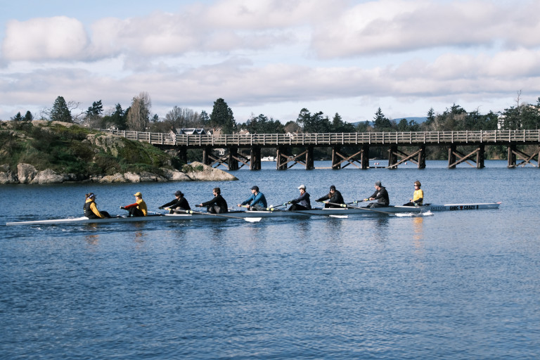 The eight out on the water. In the background is Halkett island and the Selkirk Trestle.